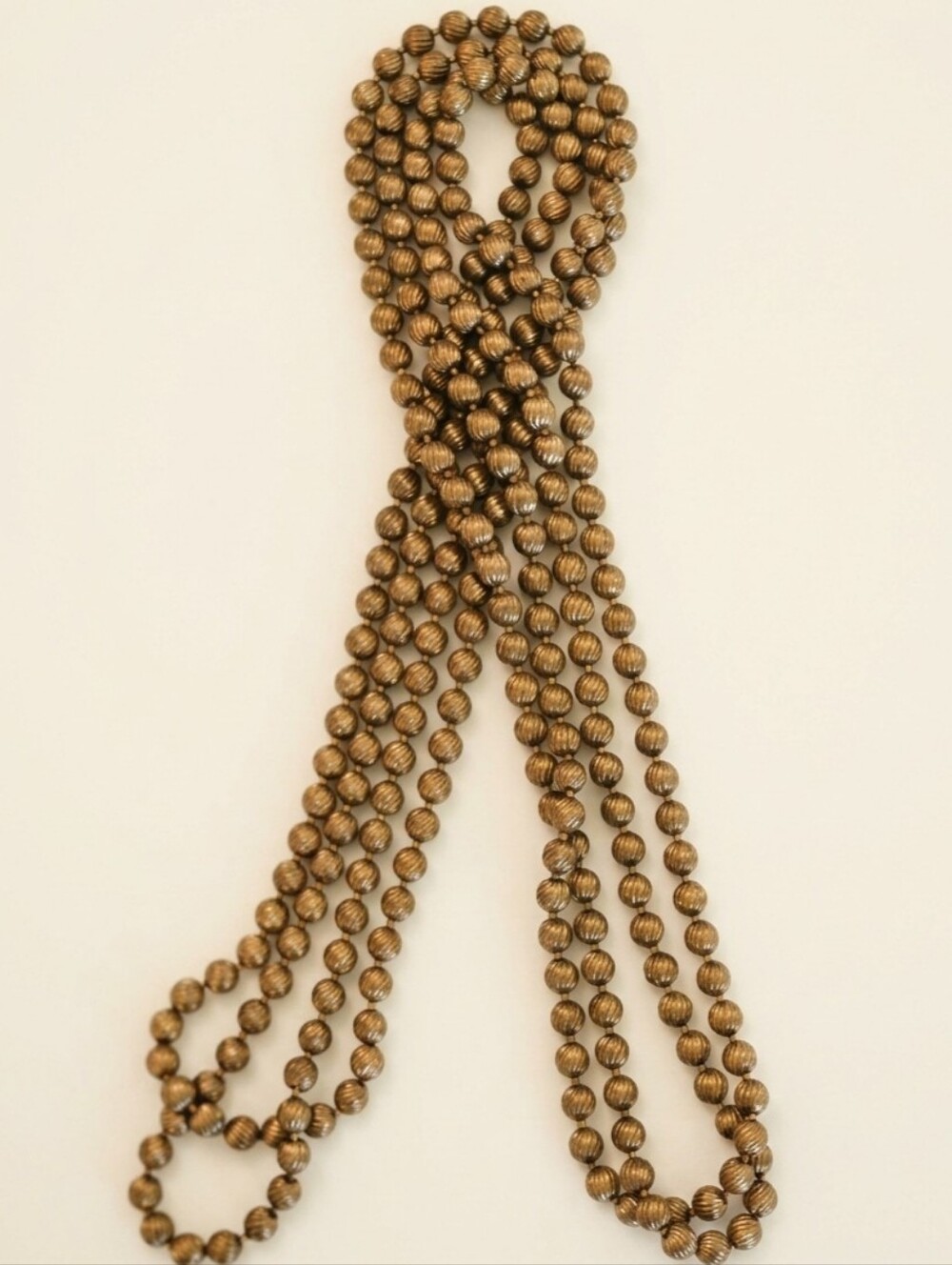 Vtg 60" Endless Rope Necklace Bronze Tone Fluted Melon Bead 64g Heavy Strand